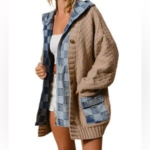 Zip Up Mixed Material Sweater Denim Jean Hoddie Jacket